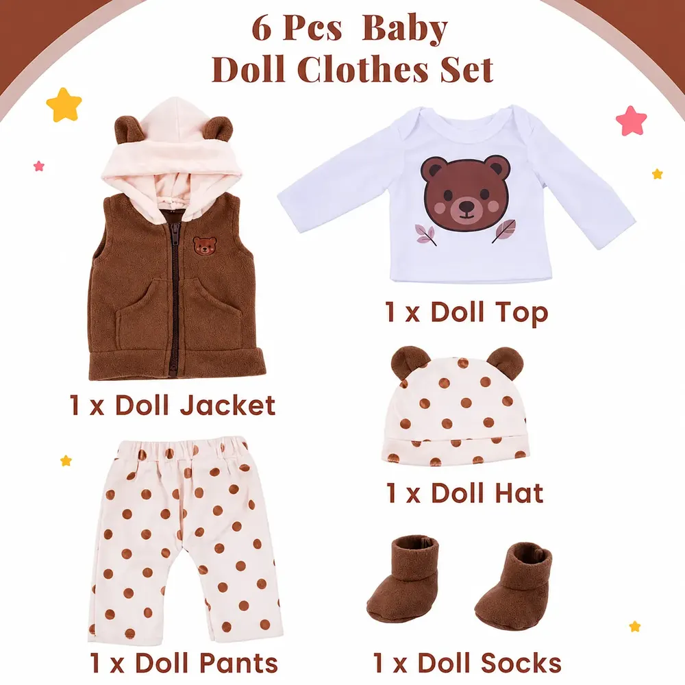 12"/16"/20" Cute Bear Polka Dot Outfit 6 Pcs for Reborn Baby Dolls, photograph 2