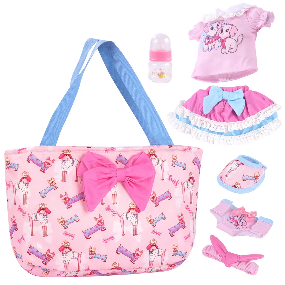 12"-16" Pink Puppy Nappy Bag Set 7 Pieces for Reborn Dolls, photograph 3