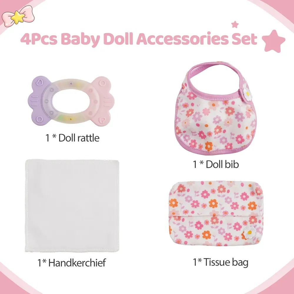 12"-16" Pink and White Bib Set 4 Pcs Reborn Baby Doll Accessories Set, photograph 2