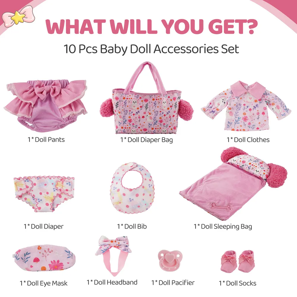 12"-16" Reborn Baby Doll Pink Puppy Floral Sleeping Bag 10 Pcs Set Clothing
