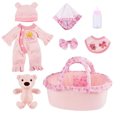 12" Pink and Green Crown Bear for Reborn Baby Girl Accessories 8-Pieces Set