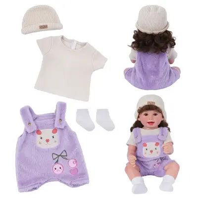 17-20" Purple Plush Embroidered Overalls Set 4 PCS