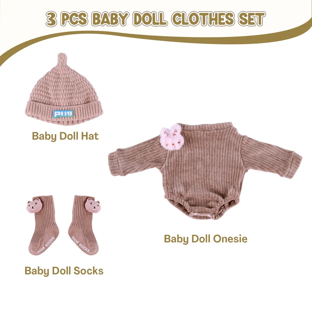 17"-22" Brown Bodysuit 3 Pcs Set Reborn Baby Doll Clothes Accessories Set, photograph 3