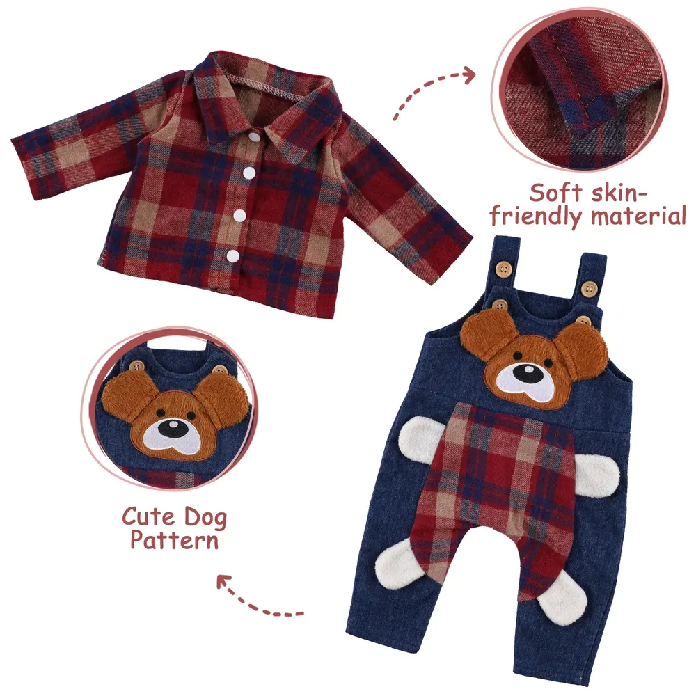17"-22" Brown Puppy Plaid Overalls for Reborn Baby Accessories 2-Pieces Set, photograph 2