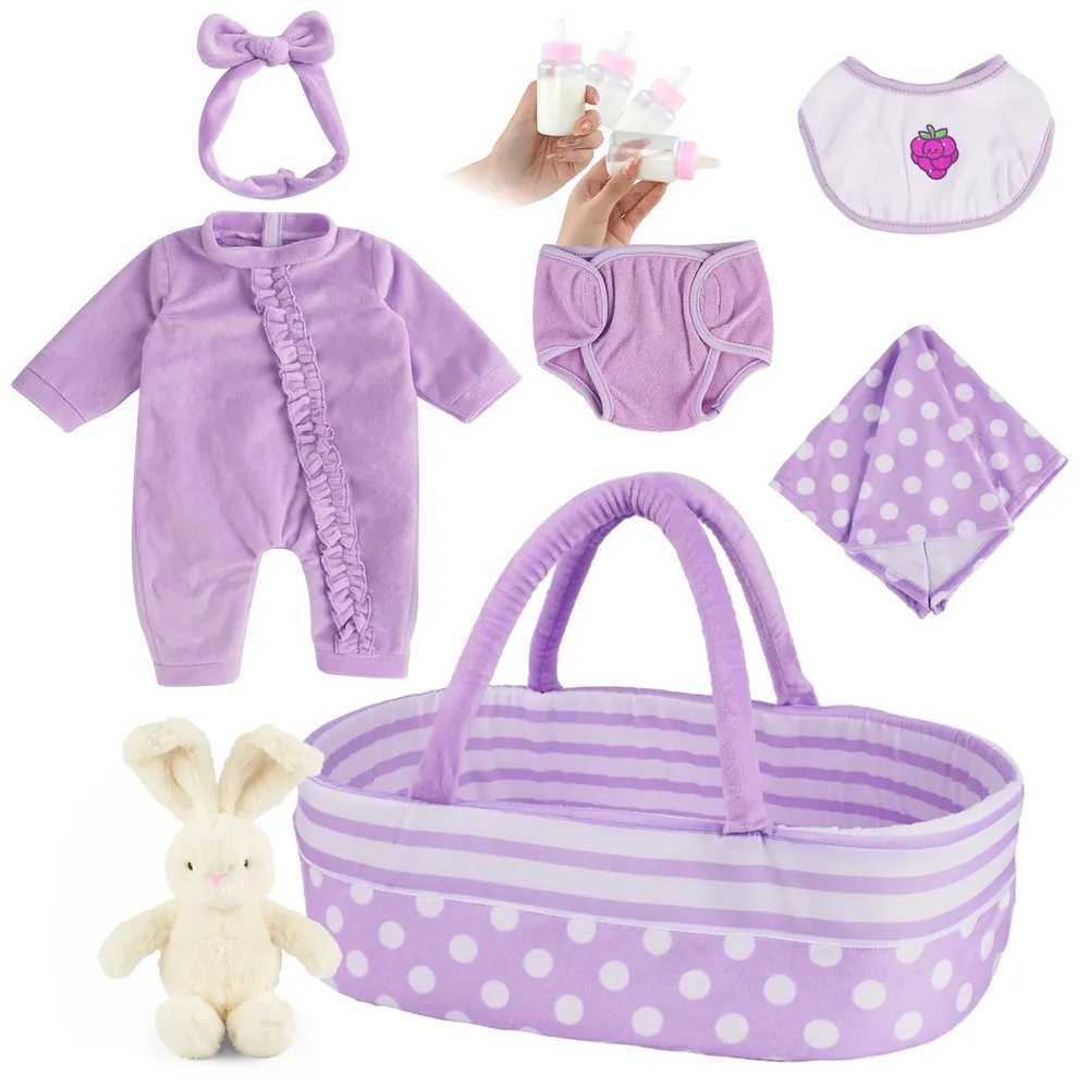 17"-22" Newborn Baby Dolls Girl Purple Prince Dress 8pcs Set Outfits Accessories