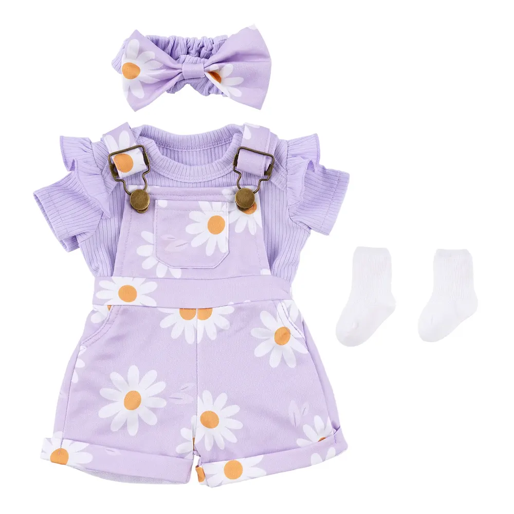 17"-22" Lovely Purple Daisy Suspender Pants 4 Pcs Set for Reborn Baby Dolls