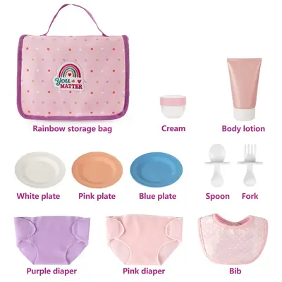 17"-22" Pink Purple Rainbow Polka Dot Feeding Bag 11 Pcs Set Reborn Baby Doll