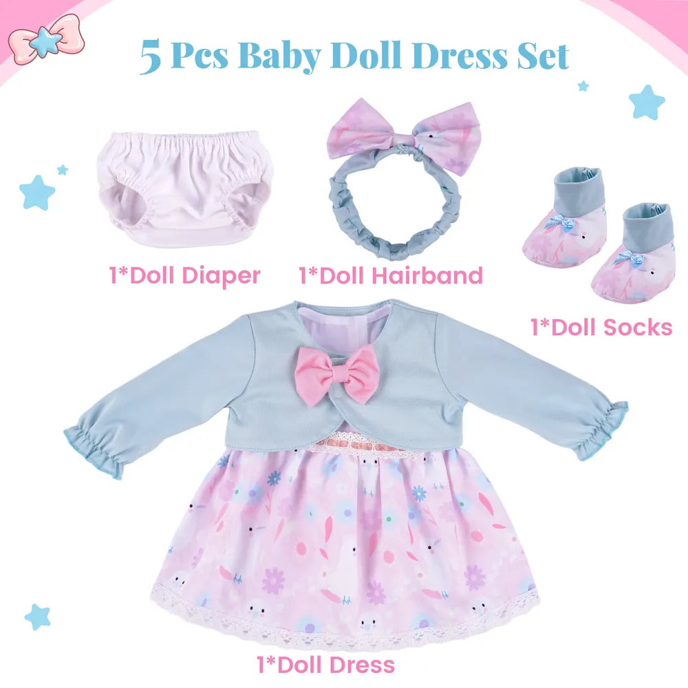 17"-22" Reborn Baby Doll Bird Floral Skirt 5 Pcs Set Clothing Accessories, photograph 3