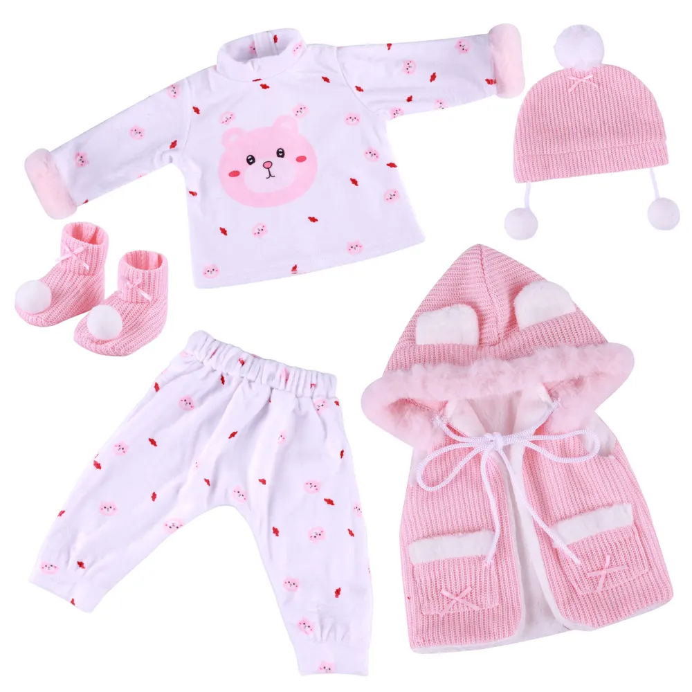 17"-22" Reborn Baby Girl Pink Winter Bear Plush Pyjama Set Clothes Accessories