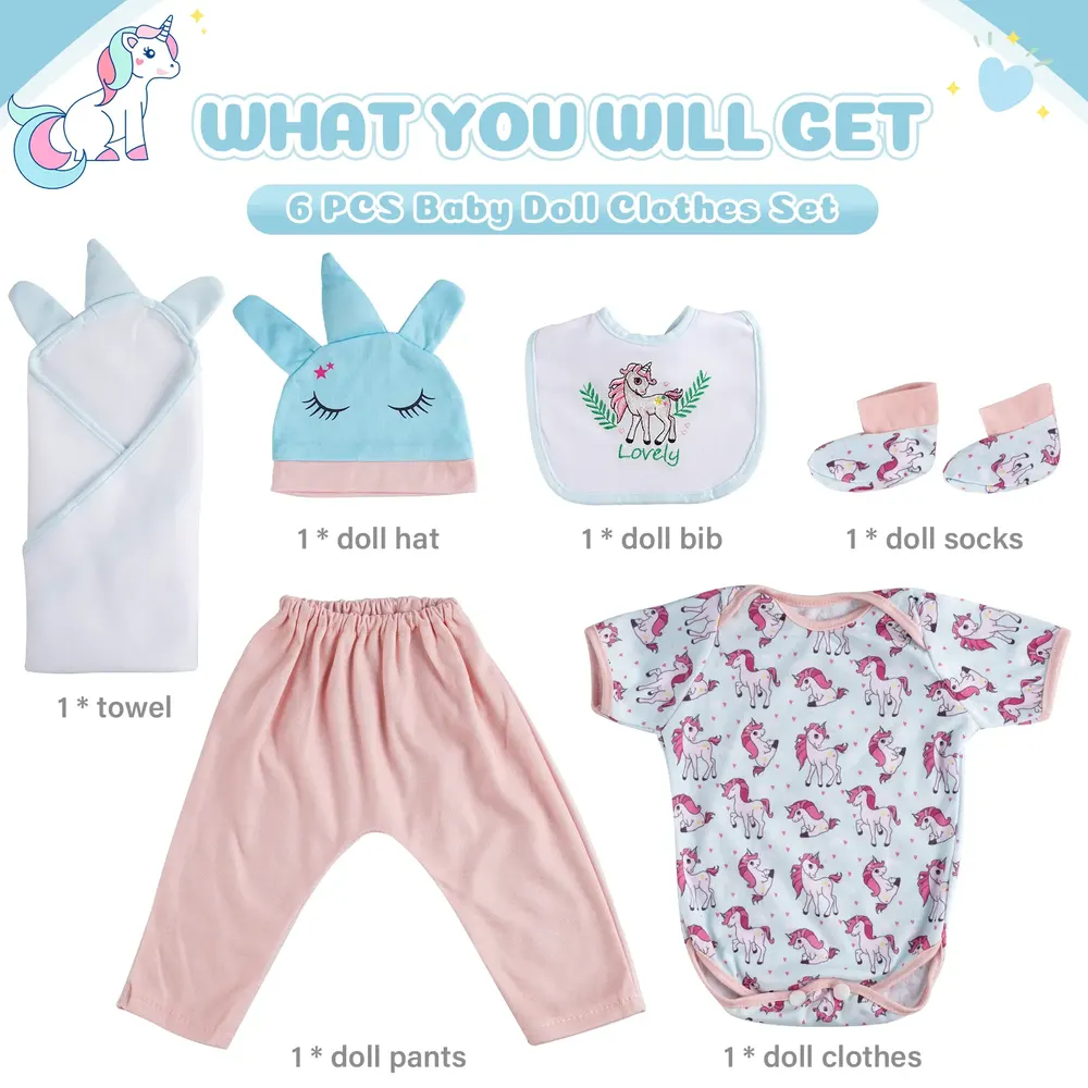 17"-22" Unicorn Blue Pink Rainbow 6-Pieces Set of Reborn Baby Clothing Accessories, photograph 2