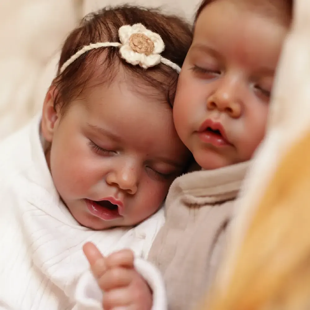 17" Soft Vinyl Twin Newborns With Brown Hair and Closed Eyes Featuring a Sleeping, photograph 3