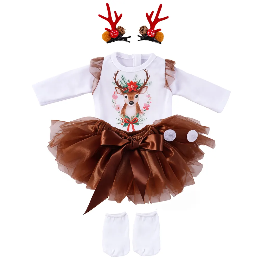 18" Sweet Girl Christmas Reindeer Tulle Skirt Set 3 Pieces