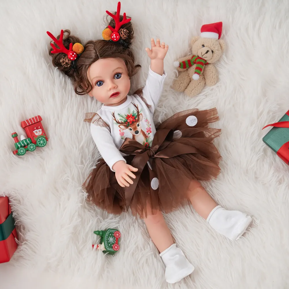 18" Sweet Girl Christmas Reindeer Tulle Skirt Set 3 Pieces, photograph 6