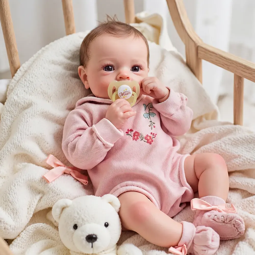 18" Real Lifelike Cute Awake Reborn Newborn Doll Named Cilara with Brown Hair, photograph 4