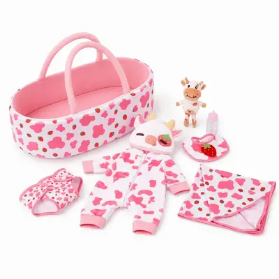 20" Sweet Strawberry Cow Basket Gift Set for Reborn Baby Dolls