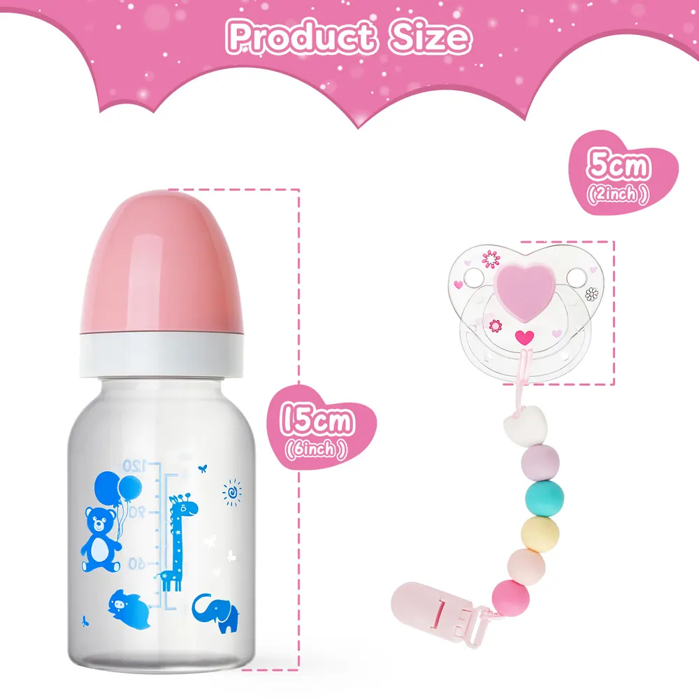 Cute Pink Magnetic Pacifier and Bottle 3 Pcs Set Safe Reborn Baby Doll Accessories, photograph 2