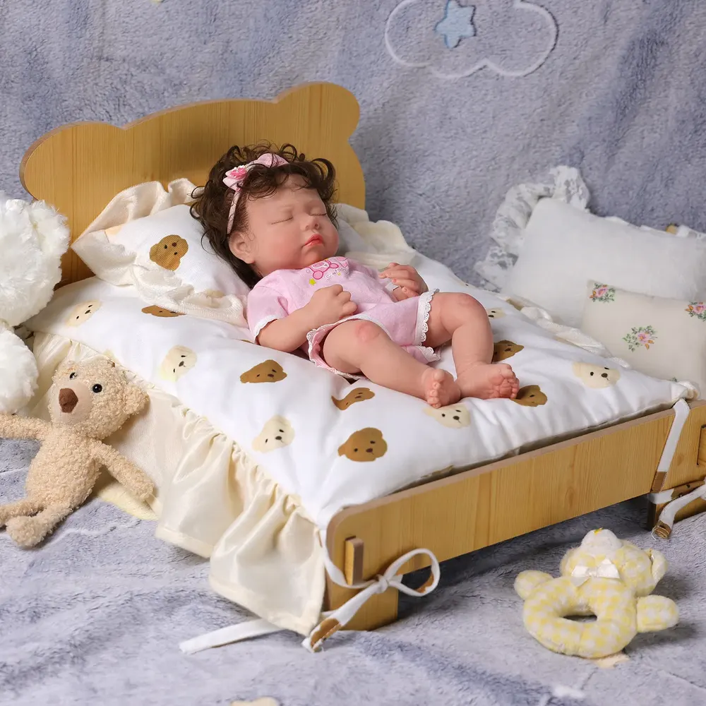 12"-20" Reborn Baby Doll Wood Sleeping Bed with Little Bear Pattern Pillow, photograph 5