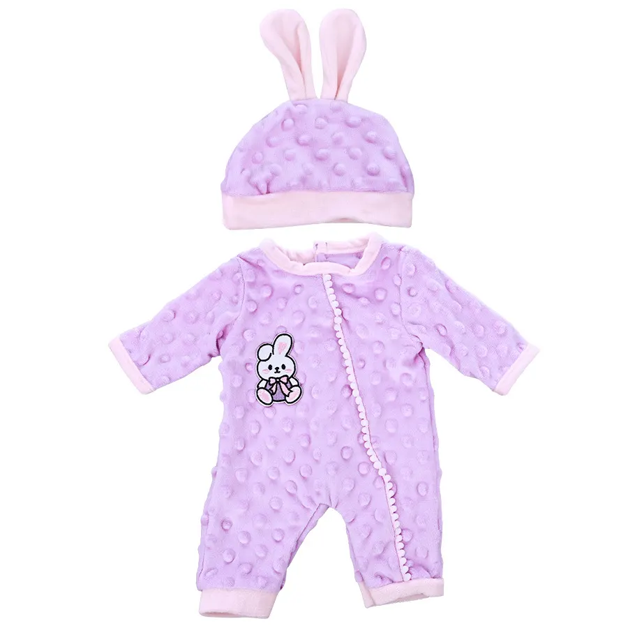 16" Full Body Silicone Baby Bean Down Purple Bunny Crawl Suit Clothes Accessories