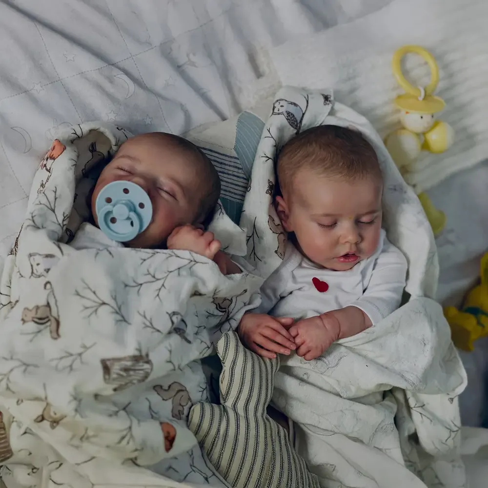 Heartbeat & Sound 17" Asleep Twins Reborn Baby Doll Girl and Boy with Rooted Brown, photograph 2