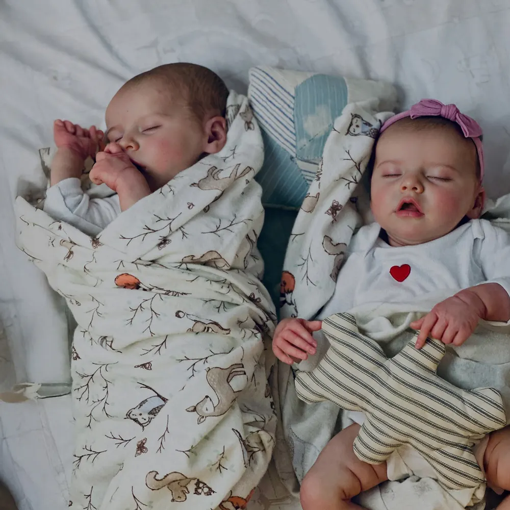 Heartbeat & Sound 17" Asleep Twins Reborn Baby Doll Girl and Boy with Rooted Brown, photograph 4