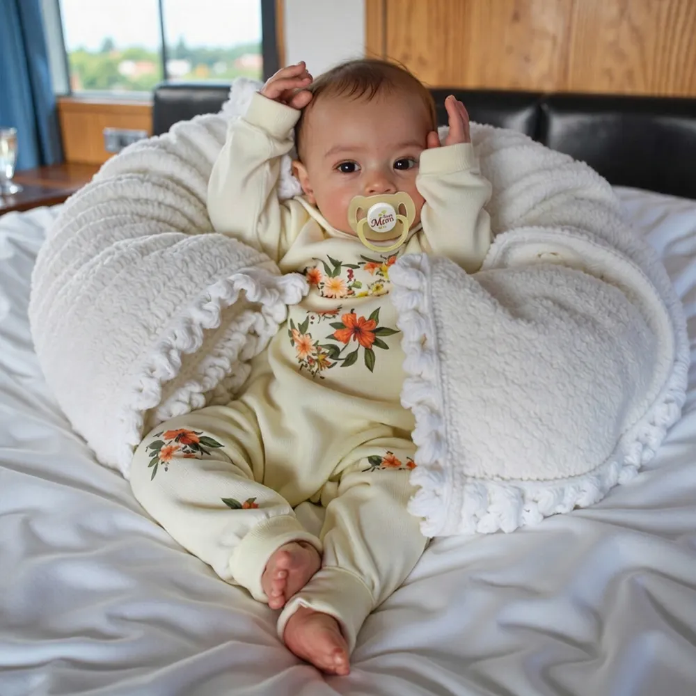 18" Cloth Body Reborn Baby Newborn Girl Doll Beddier with Brown Hair, photograph 3