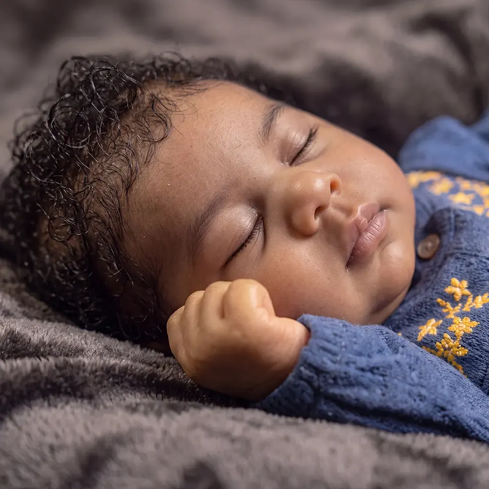 12"/16" Full Body Silicone African American Sleeping Baby Doll in Blue Outfit – Amani, photograph 3