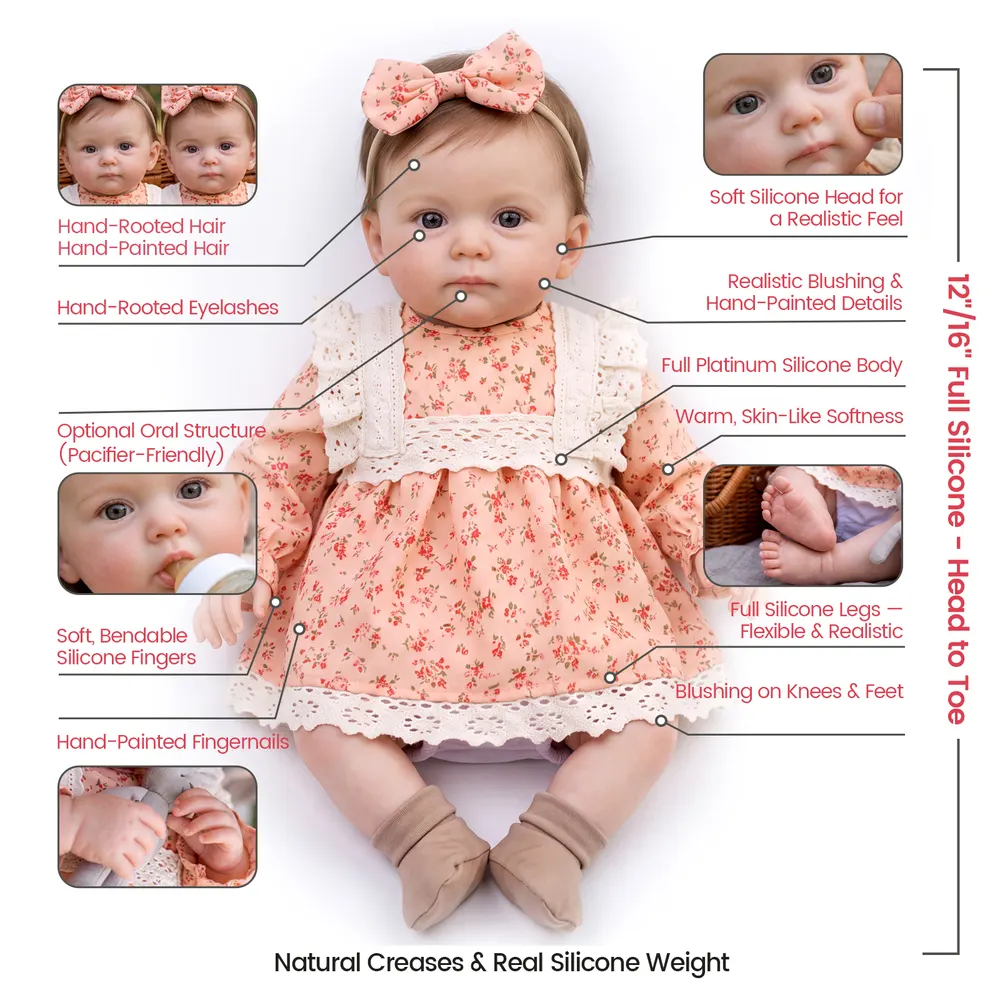 12"/16" Full Body Silicone Lifelike Awake Baby Doll in Pink Floral Lace Dress – Tansy, photograph 6