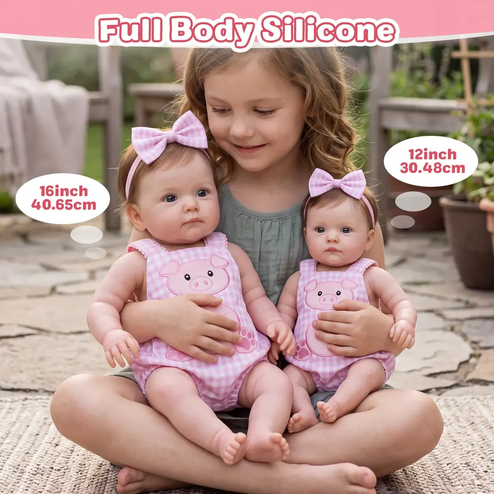 Full Body Silicone 12"/16" Reborn Baby Doll in Pink Plaid Outfit - Tansy, photograph 5