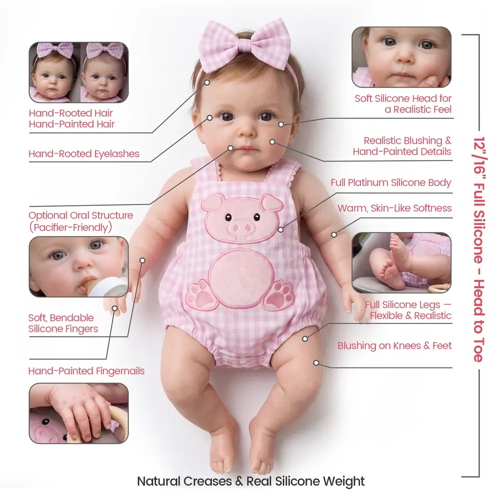 Full Body Silicone 12"/16" Reborn Baby Doll in Pink Plaid Outfit - Tansy, photograph 6