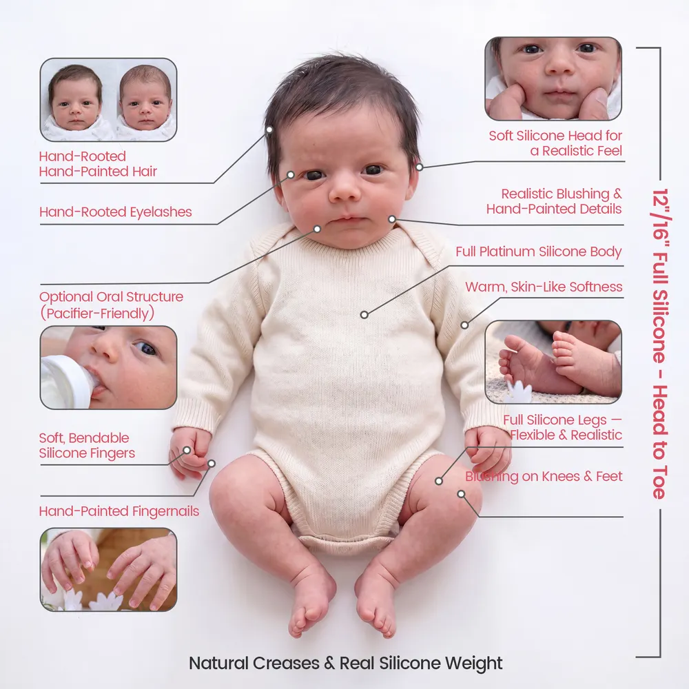 Full Body Silicone Reborn Baby Doll 12"/16" Lifelike Boy – Wynne, photograph 5