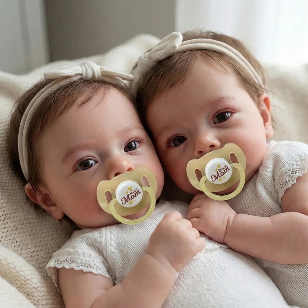 Reborn Twins with Hand-Rooted Brown Hair, 18" Newborn Girls with Heartbeat Function, photograph 3